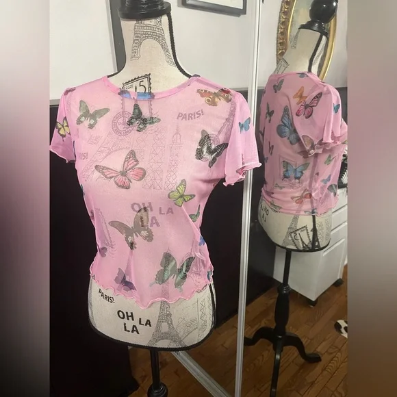 Dolls Kill sheer pink butterfly tee - Picture 2 of 4